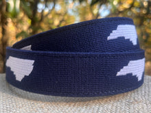 North Carolina custom needlepoint belt, Tar Heel State canvas belt with brass buckle