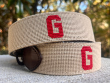 Georgia Bulldogs custom needlepoint belt in khaki and red, UGA gameday accessory