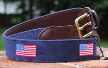 Custom American flag needlepoint belt with brass buckle and leather backing